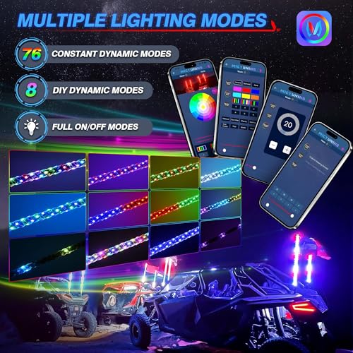 MICTUNING 2PCS 4FT W1 LED Whip Lights with Flag & Spring Base, RGB+IC Spiral Chasing Whips Light with APP, Music Sync, Turn Signal & Brake Function for UTV ATV RZR Trucks Dunes