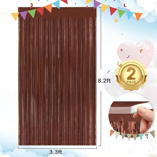 Image of Brown Fringe Curtain Party Streamers 2Pack 3.3 x 8.3 Ft Foil Fringe Backdrop Curtains for Birthday Wedding Bridal Holiday Tinsel Streamers Green Party Decorations Door Streamer