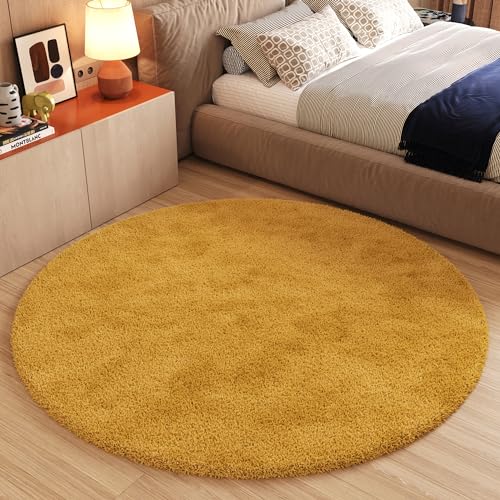 TAPISO Essence Rond Tapis Shaggy Poils Longs Moderne Moutarde Jaune Uni Tapis Salon Chambre Adulte Enfant Descente de Lit Moelleux Super Soft Epais Oeko-TEX 160 x 160 cm