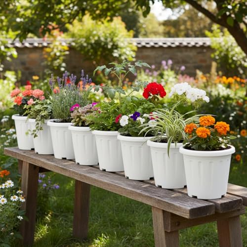 Image of 8 Inch Nursery Pots, 15 Packs Variety Plastic Pots with Drainage Hole, Plant Containers for Seedlings, Succulents, Transplanting (White - Round)