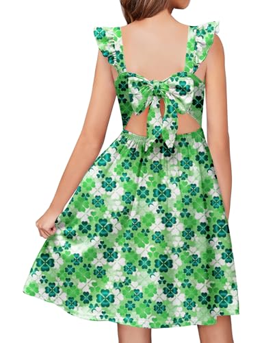 Arshiner St Patricks Dress Girls Tween Summer Hawaiian Boho Beach Casual Tie Back Sundress Green Floral 13-14 Years