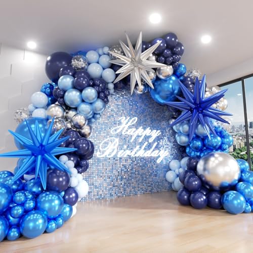 Image of Blue Balloon Arch Kit, 152Pcs Explosion Star Various Blue and Silver Latex Balloon Garland kit Different Size Balloons for Anniversary Birthday Wedding Baby Shower Dark Party Decorations