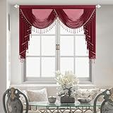 Leeva Vintage Red Waterfall Sheer Valance, Elegant Beaded Tassel Swag Window Curtains for Bedroom & Living Room, Soft Light-Filtering Voile, 59 Inches Wide, 59' x 43'