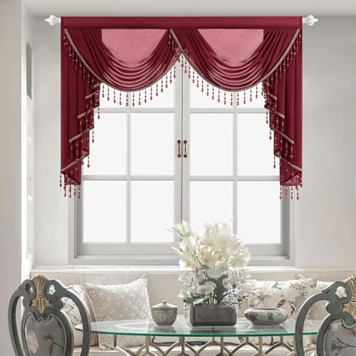 Leeva 59" Wide Waterfall Swag Valance, Vintage Beaded Tassel Window Curtains for Living Room, Elegant Red Voile Sheer for Bedroom Decor, 1 Panel (Burgundy)