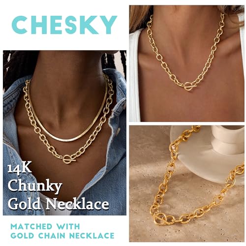 CHESKY Chunky Gold Necklace for Women, Trendy 14K Gold Plated Paperclip Chain Necklace Thick Cross Heart Pendant Necklace Layered Herringbone Cuban Link Chain Toggle Necklaces Non Tarnish Jewelry3
