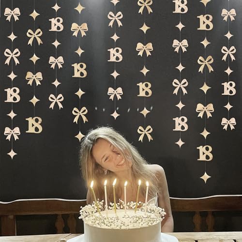 Image of Glitter Champagne 18th Bow Birthday Decorations Champagne Conquette Bow Garland Streamer Banner Backdrop for Girls Happy 18th Birthday Time to Adult Cheers to 18 Years Old Anniversary Party Supplies