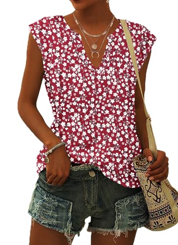 PLOKNRD Camiseta de Mujer Verano Cuello en V Blusas Manga Corta Blusas Sueltas Casual y Elegante(Flores Rojas,M)