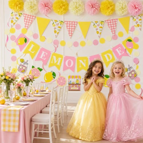 Image of Tesochye Lemon Party Decorations,Pink and Yellow Lemonade Stand Decor | Lemon Triangle Banner, Lemonade Banner,Tissue Pom Poms, Hanging Swirls,Circle Dots Garland for Lemon Birthday Bridal Shower