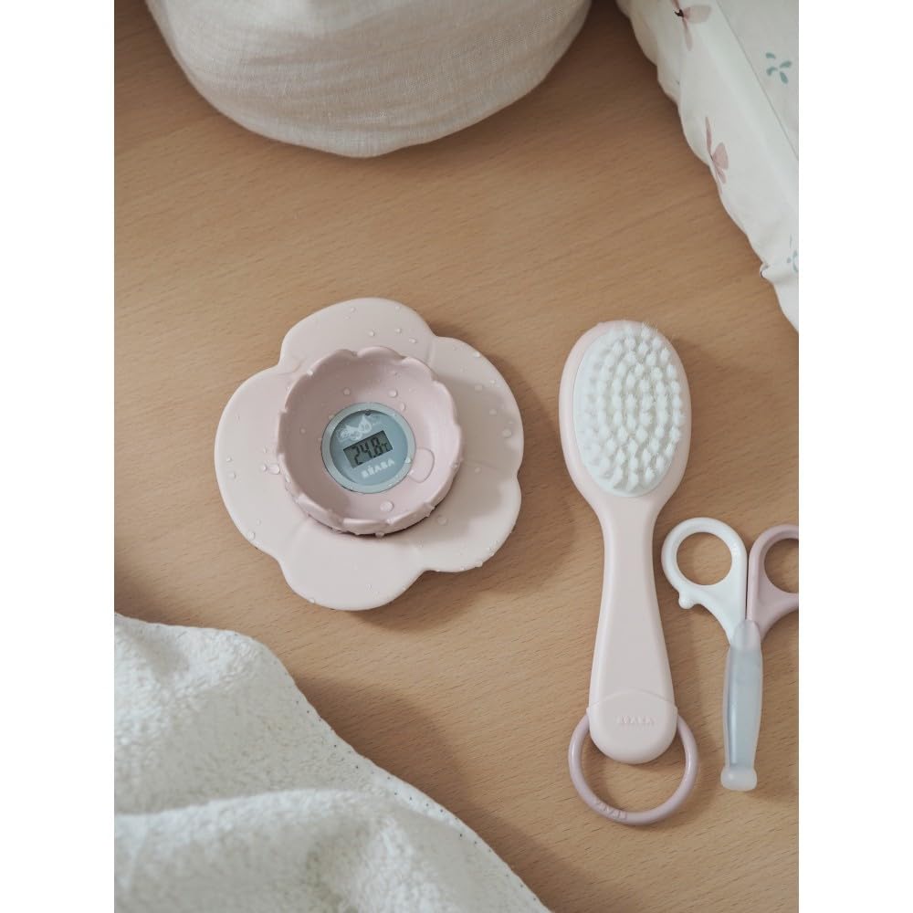 Béaba Thermomètre de bain"Lotus", Digital, Multifonctions, Prise température de la piéce et du bain, Forme ludique Fleur, Old Pink