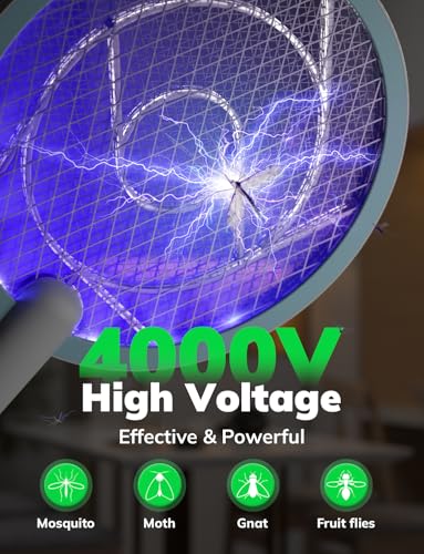 Image of YISSVIC Electric Fly Swatter Bug Zapper Racket 4000V LED Screen Dual Modes Fly Zapper Rechargeable for Indoor Home Office Backyard Patio Camping (White Blue)