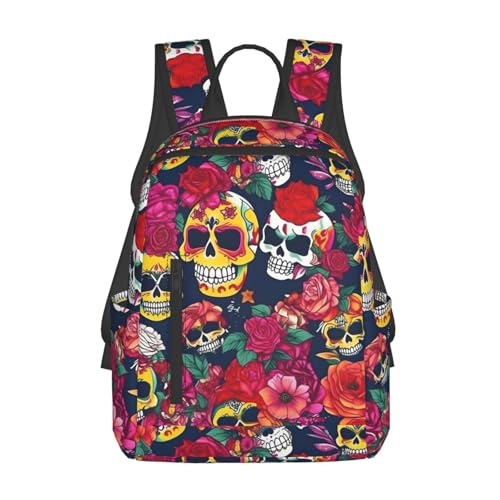 Sac à dos de voyage léger noir imprimé fleurs et crânes pour femme et homme polyvalent