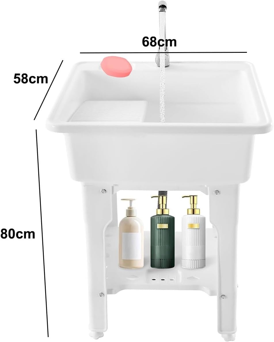 Laundry Sink, Plastic Freestanding Laundry Sink with 360° Rotating Faucet, Utility Sink with Storage Shelf and Washing Board, for Laundry Room, Basement, Garage, Garden