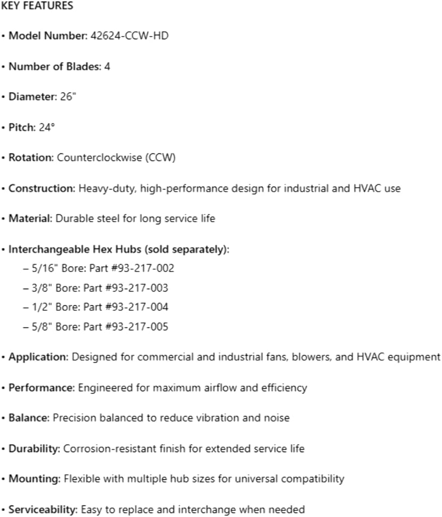 42624CCW-HD, Fan Blade, 4 Blades, 26" Diameter, 24° Pitch, Counterclockwise Rotation, Interchangeable Hex Hubs, Heavy Duty