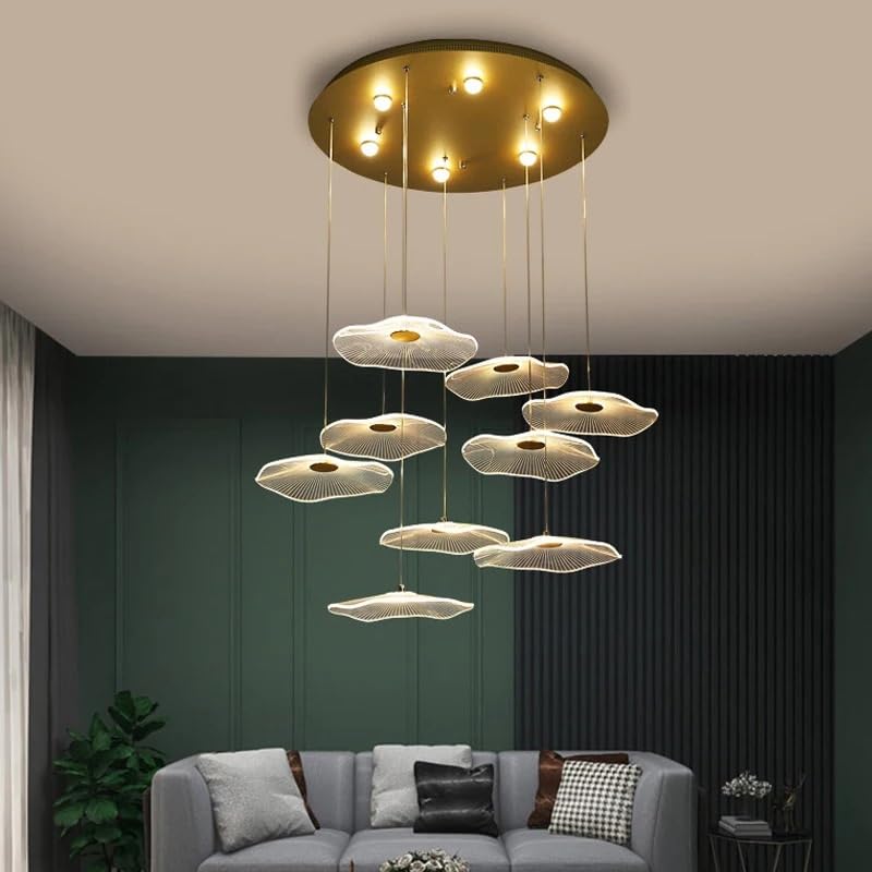 Générique Lustre, Lustre Led moderne doré design salon salle à manger escalier éclairage domestique minimalisme pendentif feuille de Lotus lustre(9 lights,Warm light)