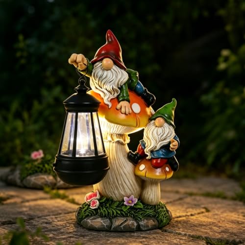 Ovewios Garden Gnome Statue Large Funny Gnome Figurine Climbing on Mushroom and Holding a Solar LED Lantern Resin Ornament for Patio Yard Lawn Porch Outdoor Decor