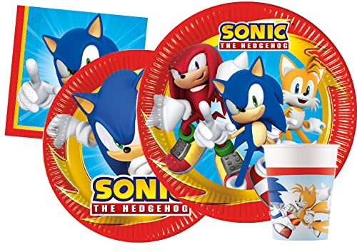 Ciao Kit mesa festa Sonic the Hedgehog para 8 pessoas (44 peças: 8 pratos de papel Ø 23 cm, 8 pratos de papel Ø 20 cm, 8 copos 200 ml, 20 guardanapos de papel 33 x 33 cm)