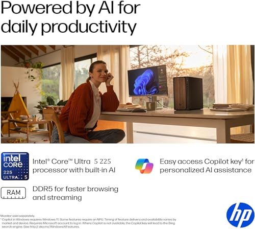 Image of HP 2025 OmniDesk M03 Premium Business Next Gen AI Desktop Computer Intel Core Ultra 5 225(Up to 4.9GHz), 16GB DDR5 RAM, 256GB PCIe SSD,+ 1TB HDD Wi-Fi 6, HDMI, DP, 2-Monitor Support 4K, Windows 11