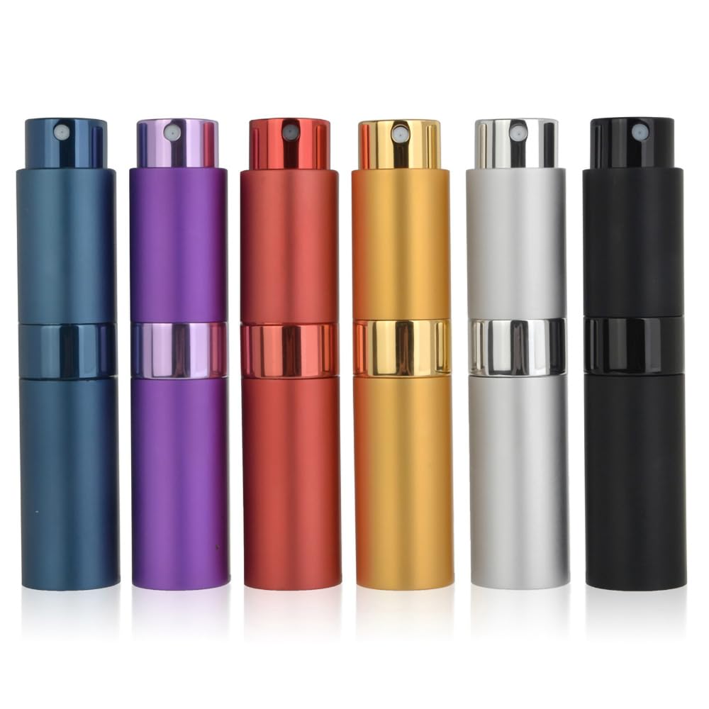 6PCS 8ml Travel Perfume Atomizer Refillable, Mini Cologne Spray Bottle Empty, Small Aftershave Sprayer for Liquid Dispenser (Six Colors)