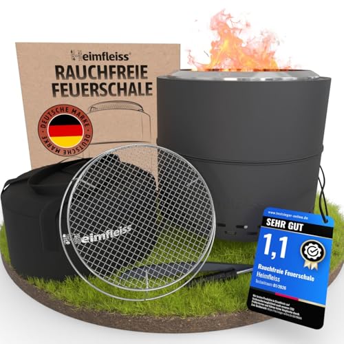 Heimfleiss® Rauchfreie Feuerschale Edelstahl Ø50cm | Feuerkorb mit Grillrost | Feuerschale Rauchfrei für Garten, Camping, Balkon & Terrasse | Rauchfreie Feuerstelle mit Grill | Feuertonne ohne Rauch