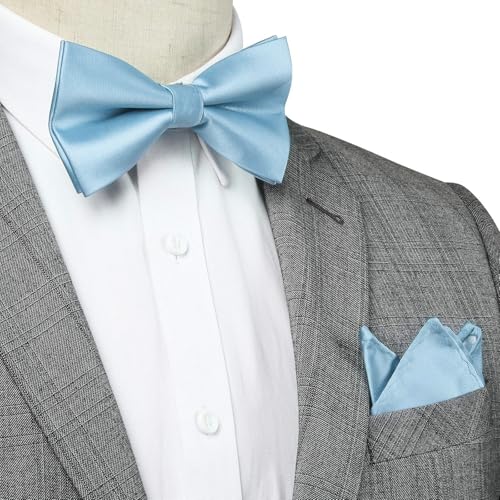 Image of HISDERN Bow Ties for Men Solid Color Pre-Tie Bow Tie and Pocket Square Set Classic Formal Tuxedo Bowties for Wedding Party