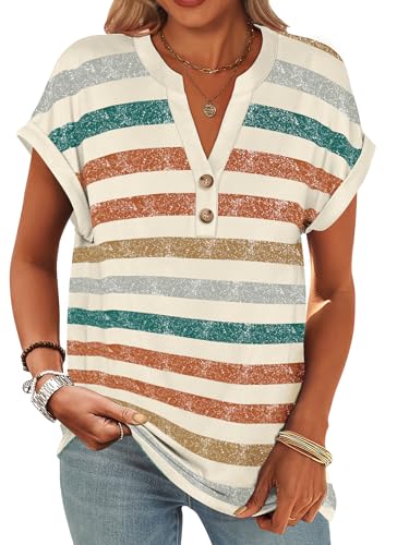 Image of ANRABESS Womens Short Sleeve Henley Tops V Neck Dressy Casual Blouses Summer Trendy Tee Shirts 2026 Vacation Fashion Clothes