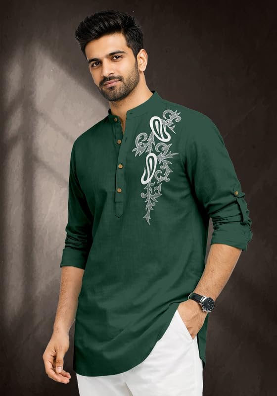 Image of Cotton Blend Self Design Printed Casual Short Kurta for Men Long Sleeve Mandarin Collar Stylish Kurta Shirt for Men