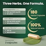 ALL-IN-ONE Brain Supplement | Lion’s Mane, Ashwagandha & Bacopa Monnieri | Natural Nootropic for Focus, Stress Relief & Memory Boost | Brain Essentials+ by BarnHerbs | 180 Capsules | Made in Canada