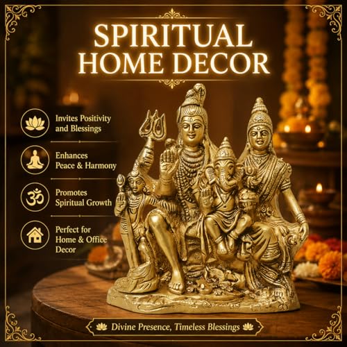 Image of SHANTI Brass Shiv Parivar Murti for Home Puja, Shiva Parvati Statue with Family, Idol for House Warming Gift & Decor (SF2677)
