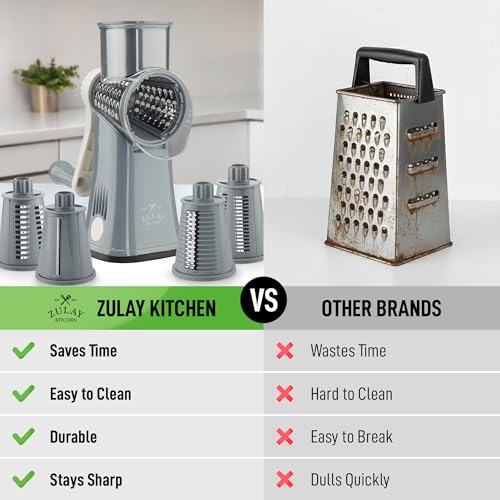 Image of Zulay Kitchen Rotary Cheese Grater 5 Blade Cheese Shredder - Manual Hand Crank Cheese Grater With Reinforced Suction & 5 Interchangeable Drums - Easy to Use, Vegetable Chopper Round Mandoline Slicer