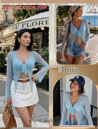 Image of Avidlove Women Mesh Crop Top Y2K Tie Front Tops Rave Top Sheer Cardigan Sexy V Neck Outfits S-2XL