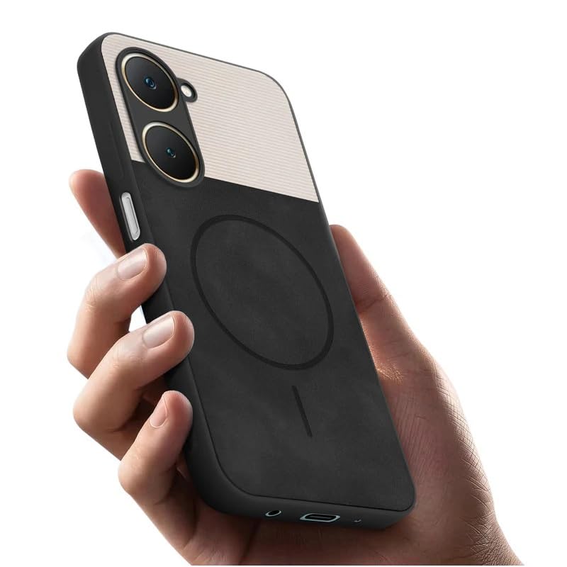 Image of Bintage case Dual-Leather Macc-Safe Design Phone Case| Soft Touch Finish | Full Camera Protectection Back Cover Compatible for Vivo V2351 / Y28s / Y28e / T3 Lite - White & Black
