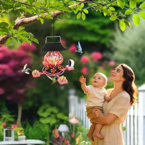 Solar Hummingbird Feeder with Camera, Hand Blown Glass Red Spark Color Changing-Never Leak, Multicolor Night Lights – Perfect Hummingbird Feeder for Outdoors for Nature Enthusiasts by Blacico - Used condition - Image 7
