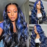 ANDRIA Blue Wig Highlight Lace Front Loose Wave Wigs with Baby Hair Black mix Blue Glueless Lace Wigs, 24 Inches