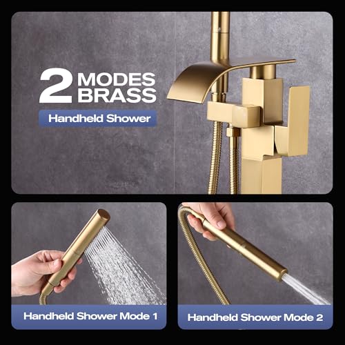 Grifería de Piso para Bañera Freestanding Waterfall, Llena Bañera con Ducha de Mano, Acabado Dorado Cepillado miniatura 5