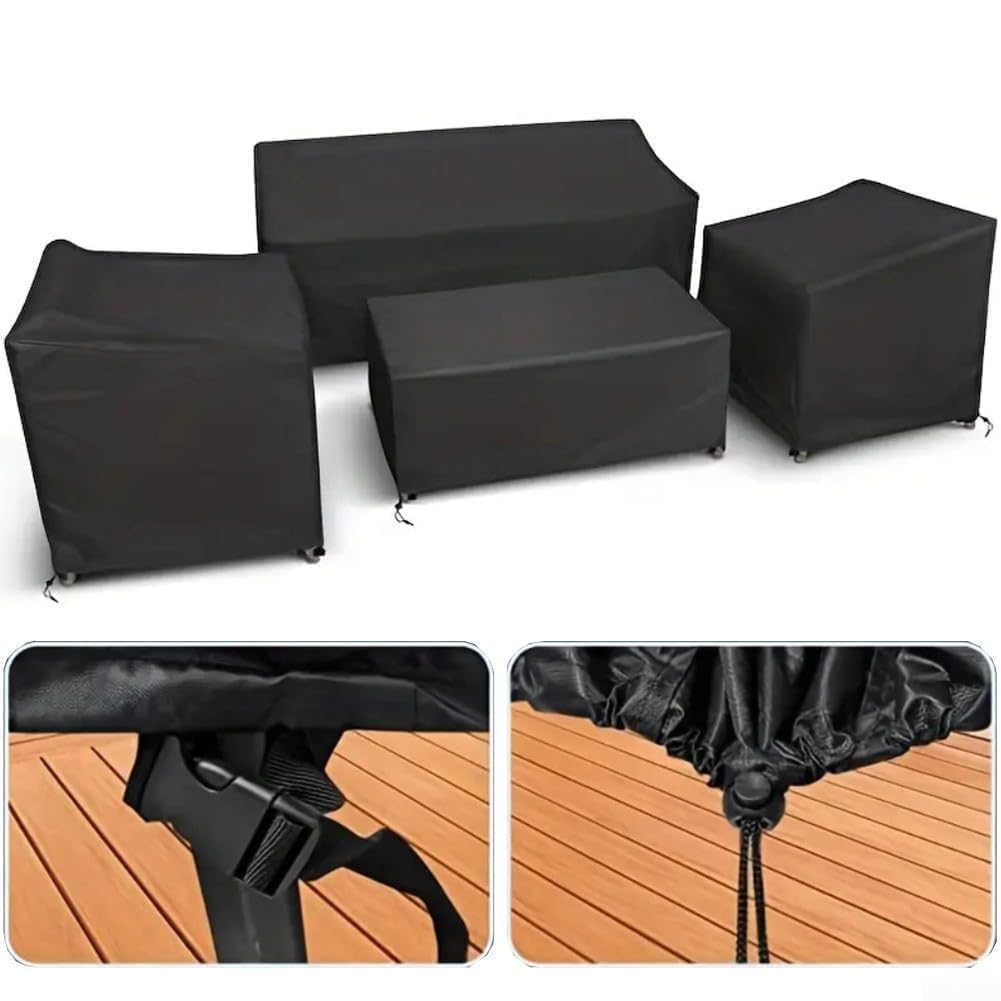 Lot de 4 Housses de Meubles de Jardin en Tissu Oxford Imperméable pour Table et Chaises en Rotin, Protection Contre la Pluie, la Neige et la Poussière (noir 200D)