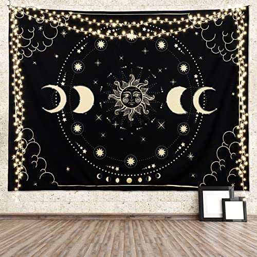 Sueh Design Sun And Moon Tapestry, Mystic Tapestry Wall Hanging Moon Tapestry For Bedroom Black Tapestry Designed With Shining Rhinestones For Room Decor, 79"X 59" #TOP9