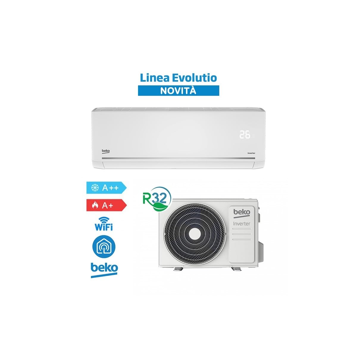 BEHPG095 + BEHPG096 - Climatizzatore 9000 Btu, Monosplit, Wifi, Classe energetica A++/A+