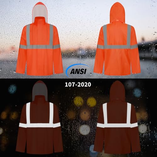 Image of TCCFCCT High Visibility Rain Gear for Men Waterproof High Vis Rain Jacket, Class 3 Hi Vis Rain Coat for Men with Hood, Lightweight Rain Suits for Mens Outdoor Activities, 4XL-5XL Orange NP