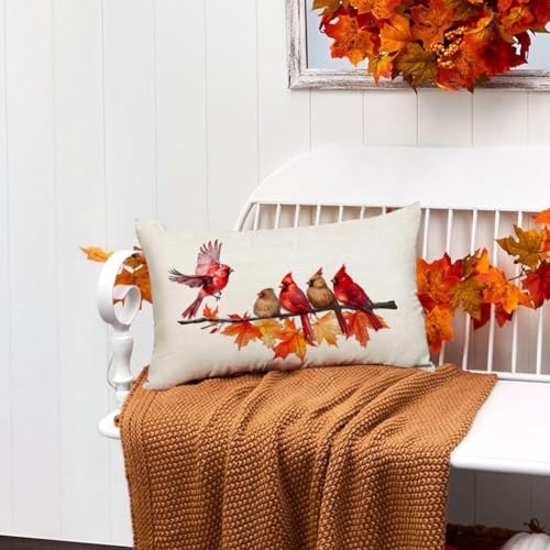 Image of Fall Pillow Covers 12x20 Inch Cardinal Birds Maple Leaves Decorative Autumn Thanksgiving Harvest Lumbar Cushion Case Decor for Home Sofa Couch (Red, 12 inchX20 inch)