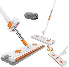 Flat Mop Stick with Wiper | Microfiber Reusable Pad | Wet Dry Use | Tiles Marble Wooden Surface | Office Hotel Hospital | Extra Pad Blue Standard