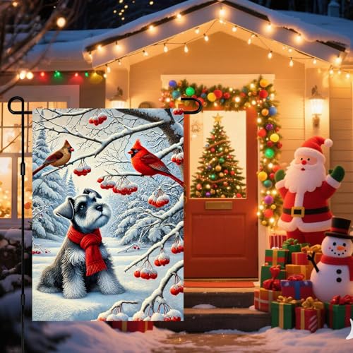 Image of BlissYard Winter Garden Flag Schnauzer Red Scarf Birds 12 x 18 Inch