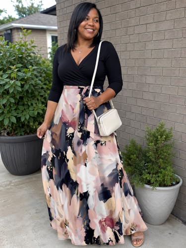 Image of Plus Size Maxi Dress for Women V Neck 3 /4 Sleeve Wrap Dress