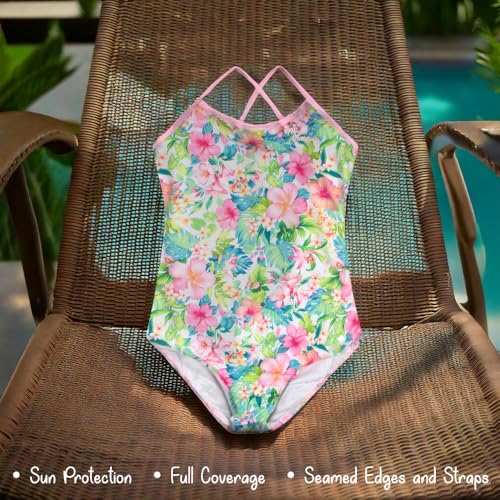 Tommy Bahama Girls One Piece Swimsuit - Tropical Print, Cross-Back Bathing Suit - Quick-Drying Summer Swimwear for Kids2
