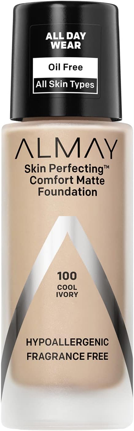 Skin Perfecting Comfort Matte Foundation Liquid Makeup, Hypoallergenic, Cruelty- & Fragrance-Free, Dermatologist-Tested, 100 Cool Ivory, 1 fl oz