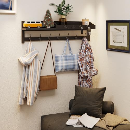 Image of AMBIRD 35 inch Wall Hooks with Shelf, Coat Rack Wall Mount, Large Coat Hanger for Wall, Entryway Shelf with 7 Dual Coat Hooks, 4 Key Hooks and Mail Organizer, Wooden Key Holder Rack (Black)