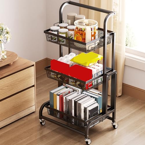 Chariot de rangement roulant pliable en métal à trois niveaux paniers ajourés