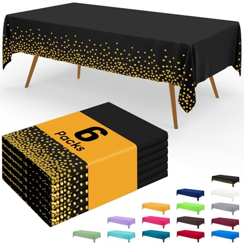 Image of Smiry Disposable Table Cloth - 6 Pack, 54 x 132 Inch Waterproof Rectangle Tablecloths for Parties, Decorative Plastic Table Cover, Leakproof & Sturdy, Black & Gold