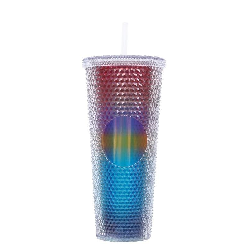 BBTISG 710ml Rivet Cup with Lid and Straw, Double Layer Reusable Ice Coffee Juice Cup for Children Adults Cold Cup for Home, Office, Travel, School (Transparent Gradient)