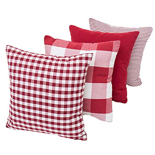 Fundas de almohada decorativas de lino y algodón, diseño de cuadros escoceses, a cuadros, diseño de cuadros geométricos, juego de 4 unidades (rojo (18 x 18 pulgadas)