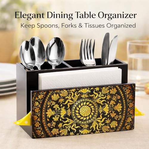 Image of Reinvention Factory Wooden Cutlery & Tissue Holder for Dining Table | Designer Spoon Stand & Napkin Holder Organizer | MDF Wood Kitchen Cutlery Stand with Compartments | Dining Table Decor Organizer